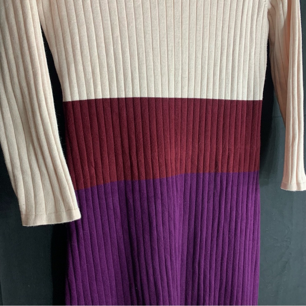 Calvin Klein Colorblock Ribbed Knit Midi Sweater Dress Cream Purple, size M - Picture 5 of 10